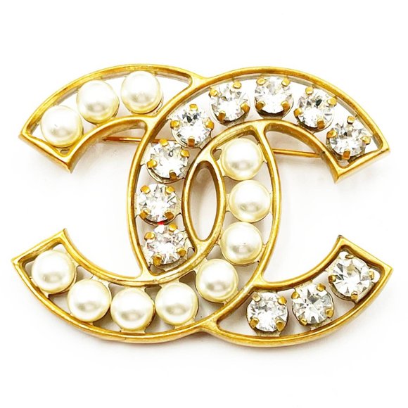 Chanel Gold Frame Pearl Crystal Large Brooch - Picture 1 of 3